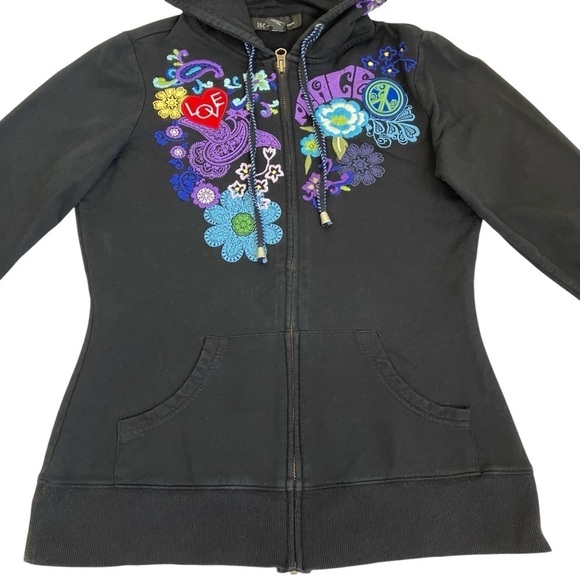 INC Y2K Ed Hardy Style Peace & Love Hippie Floral Embroidery Hoodie Black S - Picture 9 of 16